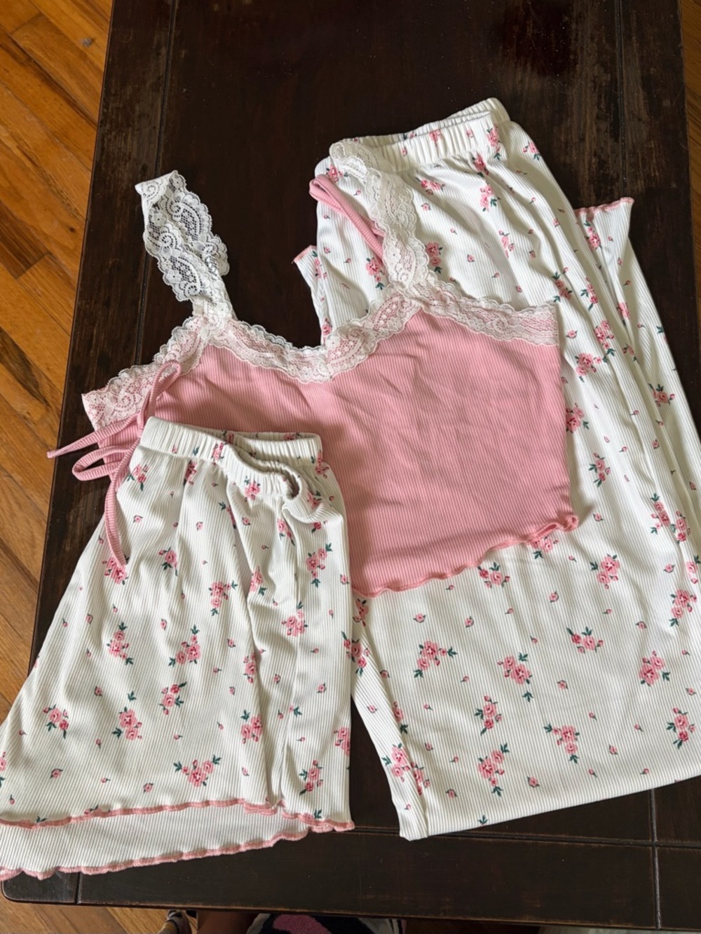 Women's Pink Floral Lace-Trim Pajama Set